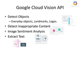 Google Cloud Vision API
• Detect Objects
– Everyday objects, Landmarks, Logos.
• Detect Inappropriate Content
• Image Sentiment Analysis
• Extract Text
 