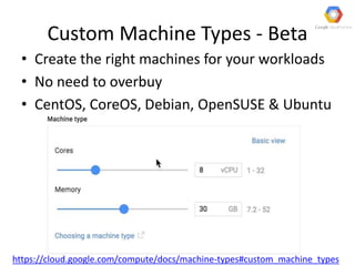 Custom Machine Types - Beta
• Create the right machines for your workloads
• No need to overbuy
• CentOS, CoreOS, Debian, OpenSUSE & Ubuntu
https://cloud.google.com/compute/docs/machine-types#custom_machine_types
 