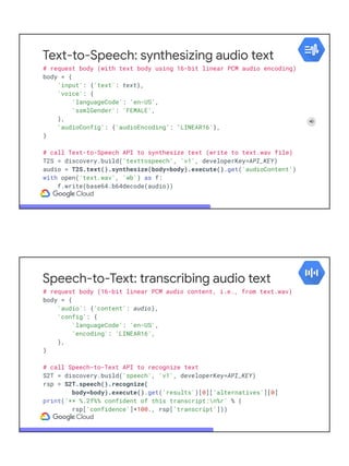 Text-to-Speech: synthesizing audio text
# request body (with text body using 16-bit linear PCM audio encoding)
body = {
'i...