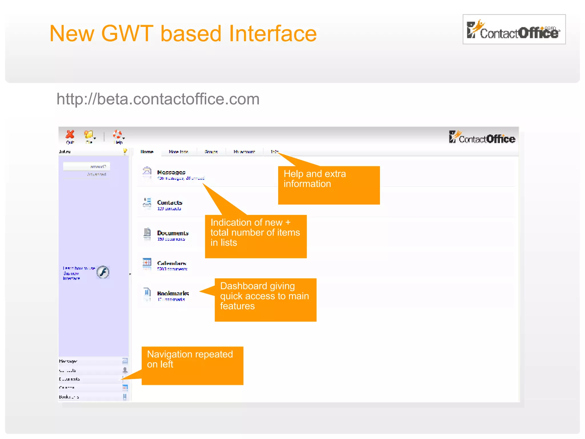 New GWT based Interface http://beta.contactoffice.com Indication of new + total number of items in lists Navigation repeated on left Help and extra information Dashboard giving quick access to main features 