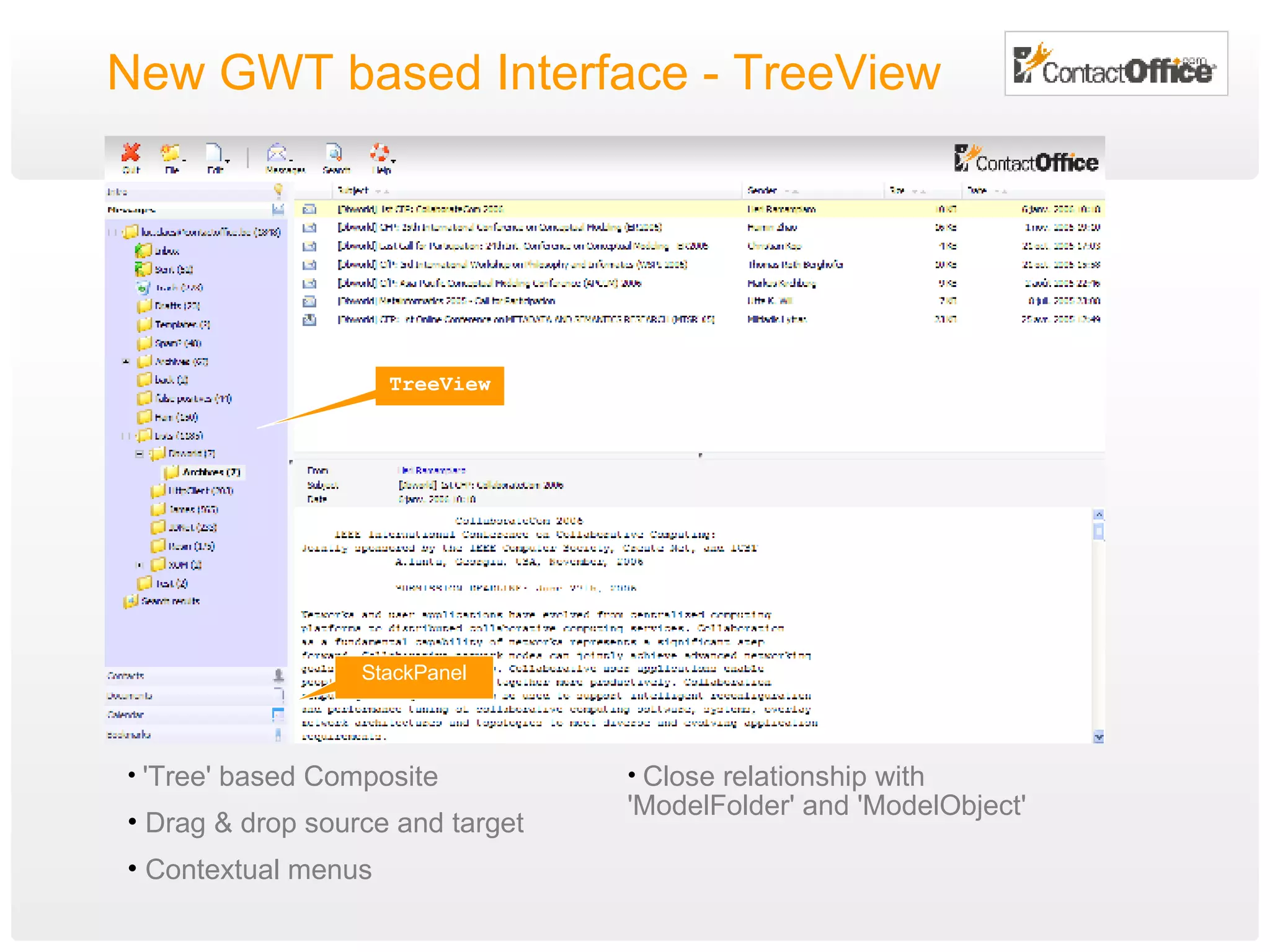 New GWT based Interface - TreeView StackPanel TreeView 'Tree' based Composite Drag & drop source and target Contextual menus Close relationship with 'ModelFolder' and 'ModelObject' 
