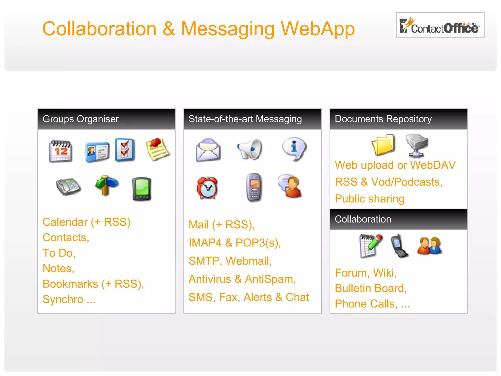 Collaboration & Messaging WebApp Calendar (+ RSS) Contacts, To Do, Notes, Bookmarks (+ RSS), Synchro ... Groups Organiser Mail (+ RSS),  IMAP4 & POP3(s), SMTP, Webmail, Antivirus & AntiSpam, SMS, Fax, Alerts & Chat State-of-the-art Messaging  Web upload or WebDAV RSS & Vod/Podcasts,  Public sharing Documents Repository Forum, Wiki,  Bulletin Board,  Phone Calls, ... Collaboration 