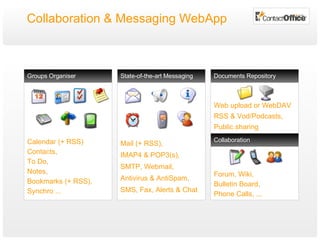Collaboration & Messaging WebApp Calendar (+ RSS) Contacts, To Do, Notes, Bookmarks (+ RSS), Synchro ... Groups Organiser Mail (+ RSS),  IMAP4 & POP3(s), SMTP, Webmail, Antivirus & AntiSpam, SMS, Fax, Alerts & Chat State-of-the-art Messaging  Web upload or WebDAV RSS & Vod/Podcasts,  Public sharing Documents Repository Forum, Wiki,  Bulletin Board,  Phone Calls, ... Collaboration 