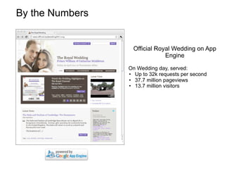 By the Numbers


                  Official Royal Wedding on App
                              Engine

                 On Wedding day, served:
                 • Up to 32k requests per second
                 • 37.7 million pageviews
                 • 13.7 million visitors
 