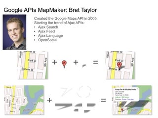 Google APIs MapMaker: Bret Taylor
          Created the Google Maps API in 2005
          Starting the trend of Ajax APIs:...