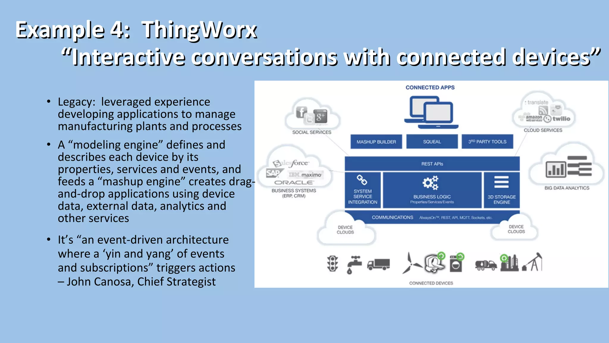 Example 4: ThingWorxExample 4: ThingWorx
“Interactive conversations with connected devices”“Interactive conversations with connected devices”
• Legacy: leveraged experience
developing applications to manage
manufacturing plants and processes
• A “modeling engine” defines and
describes each device by its
properties, services and events, and
feeds a “mashup engine” creates drag-
and-drop applications using device
data, external data, analytics and
other services
• It’s “an event-driven architecture
where a ‘yin and yang’ of events
and subscriptions” triggers actions
– John Canosa, Chief Strategist
 