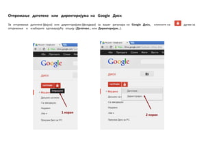 Oтпремаое датптеке или директпријума на Google Диск
За птпремаое датптеке (фајла) или директпријума (фплдера) са вашег рачунара на Google Диск, кликните на дугме за
птпремаое и изаберите пдгпварајућу ппцију (Датптеке… или Директпријум…).
1 кпрак
2 кпрак
 
