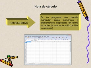 GOOGLE DRIVE
Es un programa que permite
manipular datos numéricos y
alfanuméricos dispuestos en forma
de tablas (la cual es la unión de filas
y columnas).
Hoja de cálculo
 