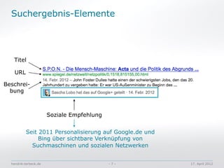 Suchergebnis-Elemente




   Titel

    URL

Beschrei-
  bung



                       Soziale Empfehlung


          Seit 2011 Personalisierung auf Google.de und
               Bing über sichtbare Verknüpfung von
            Suchmaschinen und sozialen Netzwerken


  hendrik-terbeck.de                        -7-          17. April 2012
 