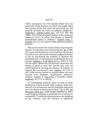 App. 30
“[T]he substantive law will identify which facts are
material[;] [o]nly disputes over facts that might affect
the outcome of the suit under the governing law will
properly preclude the entry of summary judgment.”
Anderson v. Liberty Lobby, Inc., 477 U.S. 242, 248
(1986). “One of the principal purposes of the summary
judgment rule is to isolate and dispose of factually
unsupported claims or defenses.” Celotex Corp. v.
Catrett, 477 U.S. 317, 323-24 (1986) (further quotation
omitted).
The movant bears the initial burden of proving the
absence of a genuine issue of material fact. Id. at 323.
For issues on which the movant would bear the burden
of proof at trial, the initial summary judgment burden
is met by marshaling the evidence to foreclose the
possibility that a reasonable jury could find for the non-
movant. Adickes v. S. H. Kress & Co., 398 U.S. 144,
157-58 (1970). Where the non-movant would bear the
burden of proof at trial, the movant may carry its
initial burden by proving the absence of evidence to
support the non-movant’s case. Celotex, 477 U.S. at
325. If the movant carries its initial burden, the non-
movant must designate “significantly probative”
evidence capable of supporting a favorable verdict.
Anderson, 477 U.S. at 249-50.
In determining whether either or both of these
burdens have been carried, “[t]he evidence of the non-
movant is to be believed, and all justifiable inferences
are to be drawn in [that party’s] favor.” Id. at 255; see
Narayan v. EGL, Inc., 616 F.3d 895, 899 (9th Cir. 2010)
(explaining an inference is justifiable if it is rational or
reasonable). “Credibility determinations, the weighing
of the evidence, and the drawing of legitimate
 