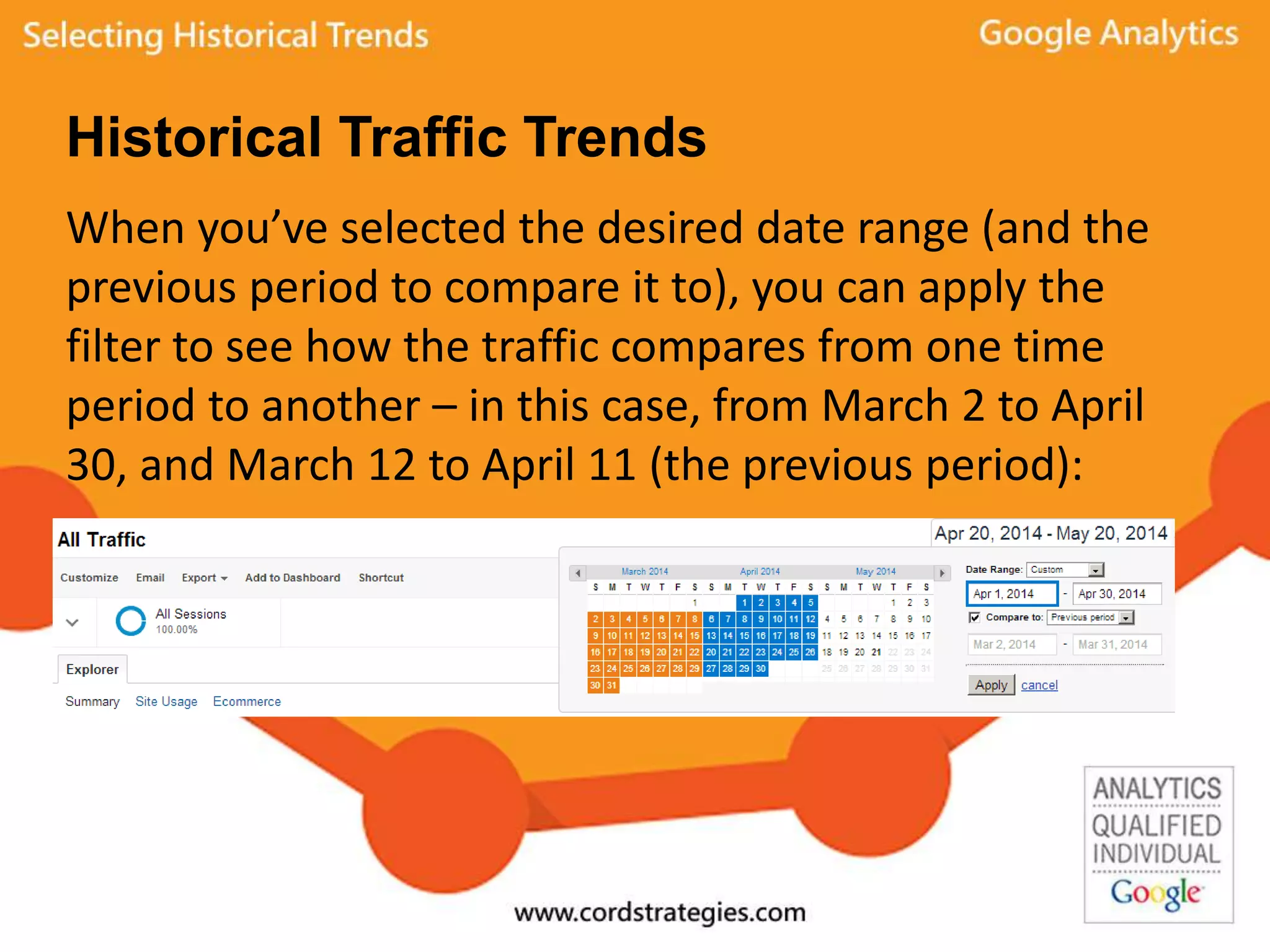 Historical Traffic Trends
When you’ve selected the desired date range (and the
previous period to compare it to), you can apply the
filter to see how the traffic compares from one time
period to another – in this case, from March 2 to April
30, and March 12 to April 11 (the previous period).
 