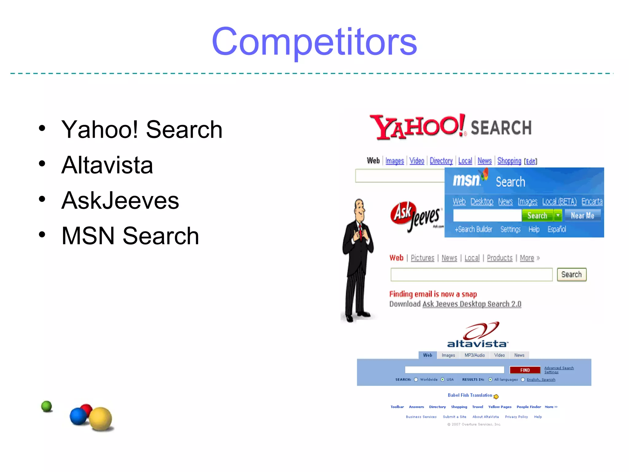 Competitors Yahoo! Search Altavista AskJeeves MSN Search 