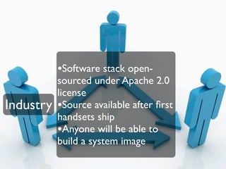 •Software stack open-
           sourced under Apache 2.0
           license
Industry   •Source available after ﬁrst
           handsets ship
           •Anyone will be able to
           build a system image
 