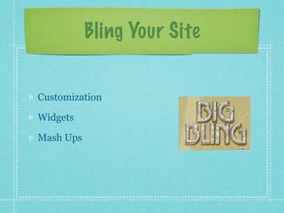 Bling Your Site


Customization

Widgets

Mash Ups
 