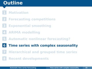 Outline
1 Motivation
2 Forecasting competitions
3 Exponential smoothing
4 ARIMA modelling
5 Automatic nonlinear forecasting?
6 Time series with complex seasonality
7 Hierarchical and grouped time series
8 Recent developments
Automatic algorithms for time series forecasting Time series with complex seasonality 49
 