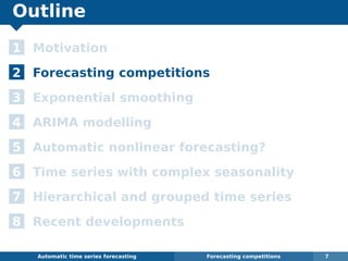 Outline
1 Motivation
2 Forecasting competitions
3 Exponential smoothing
4 ARIMA modelling
5 Automatic nonlinear forecasting?
6 Time series with complex seasonality
7 Hierarchical and grouped time series
8 Recent developments
Automatic algorithms for time series forecasting Forecasting competitions 7
 