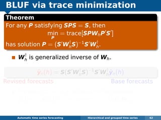 BLUF via trace minimization
Theorem
For any P satisfying SPS = S, then
min
P
= trace[SPWhP S ]
has solution P = (S W
†
hS)−1
S W
†
h.
W
†
h is generalized inverse of Wh.
˜yn(h) = S(S W
†
hS)−1
S W
†
h
ˆyn(h)
Revised forecasts Base forecasts
Equivalent to GLS estimate of regression
ˆyn(h) = Sβn(h) + εh where ε ∼ N(0, Wh).
Problem: Wh hard to estimate.
Automatic algorithms for time series forecasting Hierarchical and grouped time series 62
 