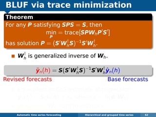 BLUF via trace minimization
Theorem
For any P satisfying SPS = S, then
min
P
= trace[SPWhP S ]
has solution P = (S W
†
hS)−1
S W
†
h.
W
†
h is generalized inverse of Wh.
˜yn(h) = S(S W
†
hS)−1
S W
†
h
ˆyn(h)
Revised forecasts Base forecasts
Equivalent to GLS estimate of regression
ˆyn(h) = Sβn(h) + εh where ε ∼ N(0, Wh).
Problem: Wh hard to estimate.
Automatic algorithms for time series forecasting Hierarchical and grouped time series 62
 