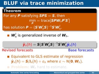 BLUF via trace minimization
Theorem
For any P satisfying SPS = S, then
min
P
= trace[SPWhP S ]
has solution P = (S W
†
hS)−1
S W
†
h.
W
†
h is generalized inverse of Wh.
˜yn(h) = S(S W
†
hS)−1
S W
†
h
ˆyn(h)
Revised forecasts Base forecasts
Equivalent to GLS estimate of regression
ˆyn(h) = Sβn(h) + εh where ε ∼ N(0, Wh).
Problem: Wh hard to estimate.
Automatic algorithms for time series forecasting Hierarchical and grouped time series 62
 