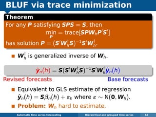 BLUF via trace minimization
Theorem
For any P satisfying SPS = S, then
min
P
= trace[SPWhP S ]
has solution P = (S W
†
hS)−1
S W
†
h.
W
†
h is generalized inverse of Wh.
˜yn(h) = S(S W
†
hS)−1
S W
†
h
ˆyn(h)
Revised forecasts Base forecasts
Equivalent to GLS estimate of regression
ˆyn(h) = Sβn(h) + εh where ε ∼ N(0, Wh).
Problem: Wh hard to estimate.
Automatic algorithms for time series forecasting Hierarchical and grouped time series 62
 