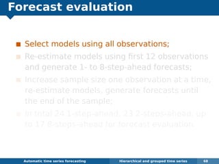 Forecast evaluation
Select models using all observations;
Re-estimate models using ﬁrst 12 observations
and generate 1- to 8-step-ahead forecasts;
Increase sample size one observation at a time,
re-estimate models, generate forecasts until
the end of the sample;
In total 24 1-step-ahead, 23 2-steps-ahead, up
to 17 8-steps-ahead for forecast evaluation.
Automatic algorithms for time series forecasting Hierarchical and grouped time series 68
 