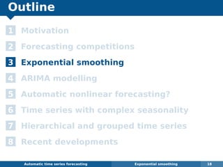 Outline
1 Motivation
2 Forecasting competitions
3 Exponential smoothing
4 ARIMA modelling
5 Automatic nonlinear forecasting?
6 Time series with complex seasonality
7 Hierarchical and grouped time series
8 Recent developments
Automatic algorithms for time series forecasting Exponential smoothing 18
 