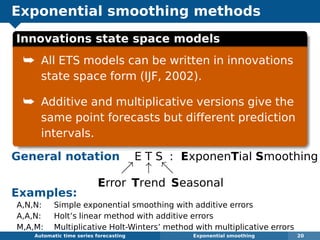 Exponential smoothing methods
Seasonal Component
Trend N A M
Component (None) (Additive) (Multiplicative)
N (None) N,N N,A N,M
A (Additive) A,N A,A A,M
Ad (Additive damped) Ad,N Ad,A Ad,M
M (Multiplicative) M,N M,A M,M
Md (Multiplicative damped) Md,N Md,A Md,M
General notation E T S : ExponenTial Smoothing
↑
Error Trend Seasonal
Examples:
A,N,N: Simple exponential smoothing with additive errors
A,A,N: Holt’s linear method with additive errors
M,A,M: Multiplicative Holt-Winters’ method with multiplicative errors
Automatic algorithms for time series forecasting Exponential smoothing 20
Innovations state space models
¯ All ETS models can be written in innovations
state space form (IJF, 2002).
¯ Additive and multiplicative versions give the
same point forecasts but different prediction
intervals.
 