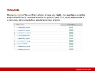 O ResultadoNa segunda coluna "Concorrência“, ela nos oferece uma noção sobre quantos anunciantes estão definindo lances para uma determinada palavra-chave. Esses dados podem ajudar a determinar a competitividade do posicionamento do anúncio.Movida Comunicação