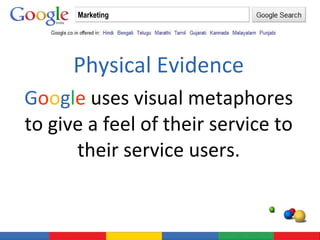 Physical Evidence G o o g l e  uses visual metaphores to give a feel of their service to their service users. Marketing 