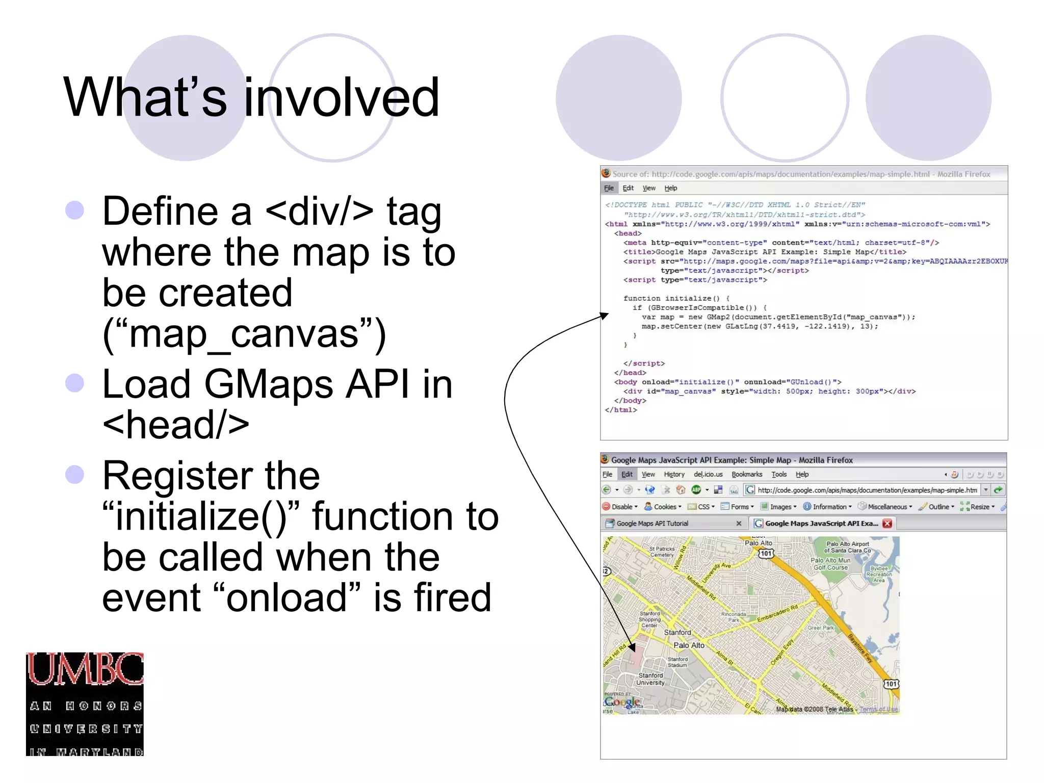 What’s involved Define a <div/> tag where the map is to be created (“map_canvas”) Load GMaps API in <head/> Register the “initialize()” function to be called when the event “onload” is fired 