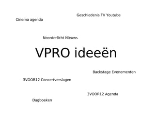 VPRO ideeën  Cinema agenda 3VOOR12 Agenda 3VOOR12 Concertverslagen Geschiedenis TV Youtube Dagboeken Noorderlicht Nieuws Backstage Evenementen 