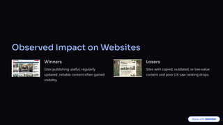 Observed Impact on Websites
Winners
Sites publishing useful, regularly
updated, reliable content often gained
visibility.
Losers
Sites with copied, outdated, or low-value
content and poor UX saw ranking drops.
 