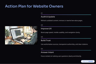 Action Plan for Website Owners
01
Audit & Update
Refresh outdated content; remove or rewrite low-value pages.
02
Improve UX
Boost page speed, mobile usability, and navigation clarity.
03
Build Trust
Use authoritative sources, transparent authorship, and clear citations.
04
Answer Intent
Focus content on solving user questions clearly and directly.
 