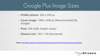 o Profile picture: 250 x 250 px
o Cover Image: 1080 x 608 px {Recommended By
Google)
o Post: 426 width (height varies)
o Shared Link: 150 x 150 (thumbnail)
Google Plus Image Sizes
Source: http://blog.hubspot.com/marketing/ultimate-guide-social-media-image-dimensions-infographic
 