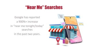 Google has reported
a 900%+ increase
in “near me tonight/today”
searches
in the past two years.
“Near Me” Searches
 