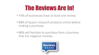 The Reviews Are In!
• 74% of businesses have at least one review.
• 88% of buyers research products online before
making a purchase.
• 86% will hesitate to purchase from a business
that has negative reviews.
 