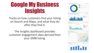 Google My Business
Insights
Tracks on how customers find your listing
on Search and Maps, and what they do
after they find it.
The Insights dashboard provides
customer engagement data derived from
your GMB listing.
 