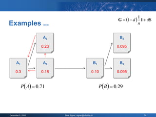 G  1  d  1  dS
                                                                                        1
Examples ...                                                                            n


                      A2                                                     B2

                     0.23                                                   0.095



      A1              A3                                      B1             B3

     0.3             0.18                                0.10               0.095


           P A  0.71                                            PB   0.29




December 9, 2008            Beat Signer, signer@inf.ethz.ch                               14
 