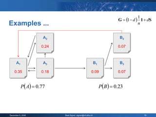 G  1  d  1  dS
                                                                                        1
Examples ...                                                                            n


                      A2                                                     B2

                     0.24                                                   0.07



      A1              A3                                      B1             B3

    0.35             0.18                                0.09               0.07


           P A  0.77                                            PB   0.23




December 9, 2008            Beat Signer, signer@inf.ethz.ch                               15
 