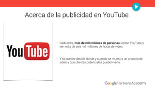 Acerca de la publicidad en YouTube
• Cada mes, más de mil millones de personas visitan YouTube y
ven más de seis mil millo...