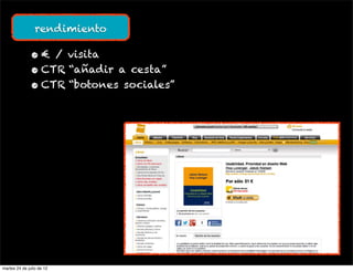 rendimiento

               • € / visita
               • CTR “añadir a cesta”
               • CTR “botones sociales”




martes 24 de julio de 12
 