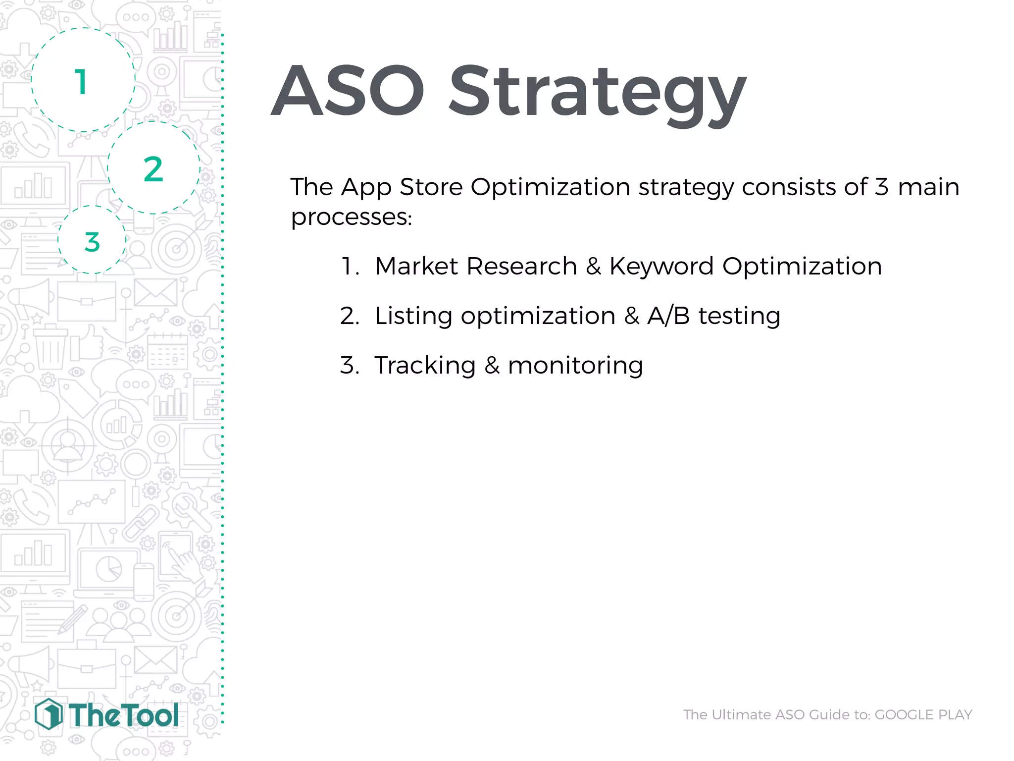 ASO Strategy
The App Store Optimization strategy consists of 3 main
processes:
1. Market Research & Keyword Optimization
2. Listing optimization & A/B testing
3. Tracking & monitoring
1
3
2
The Ultimate ASO Guide to: GOOGLE PLAY
 