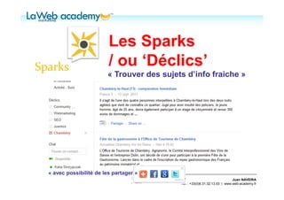 Les Sparks
                        / ou ‘Déclics’
                       « Trouver des sujets d’info fraiche »




« avec possibilité de les partager »
                                                                           Juan NAVEIRA
                                          Tél. : +33(0)6.31.32.13.93 | www.web-academy.fr
 