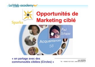 Opportunités de
                  Marketing ciblé




« on partage avec des                                              Juan NAVEIRA
communautés ciblées (Circles) »   Tél. : +33(0)6.31.32.13.93 | www.web-academy.fr
 