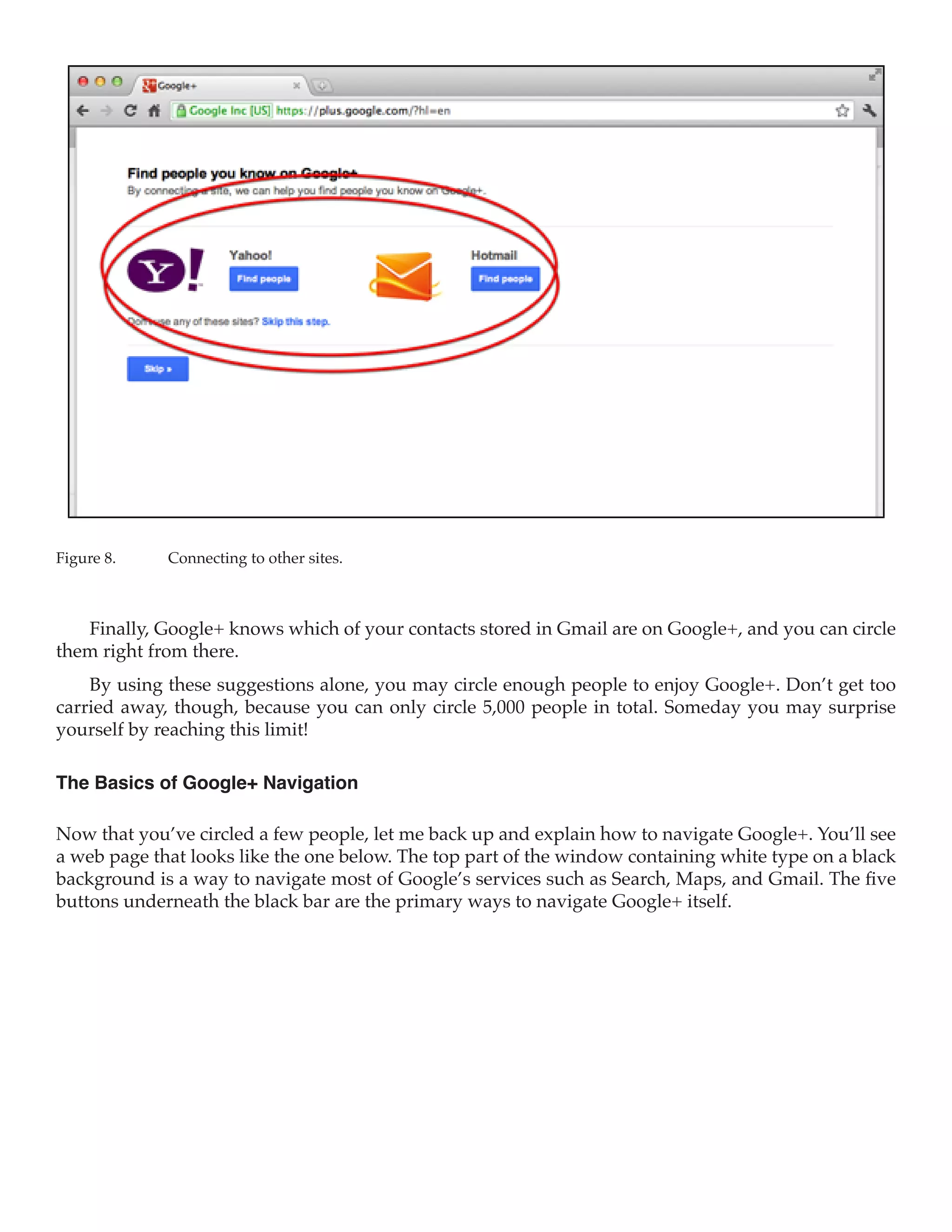 Figure 8.	   Connecting to other sites.



   Finally, Google+ knows which of your contacts stored in Gmail are on Google+, and you can circle
them right from there.
    By using these suggestions alone, you may circle enough people to enjoy Google+. Don’t get too
carried away, though, because you can only circle 5,000 people in total. Someday you may surprise
yourself by reaching this limit!

The Basics of Google+ Navigation

Now that you’ve circled a few people, let me back up and explain how to navigate Google+. You’ll see
a web page that looks like the one below. The top part of the window containing white type on a black
background is a way to navigate most of Google’s services such as Search, Maps, and Gmail. The five
buttons underneath the black bar are the primary ways to navigate Google+ itself.
 
