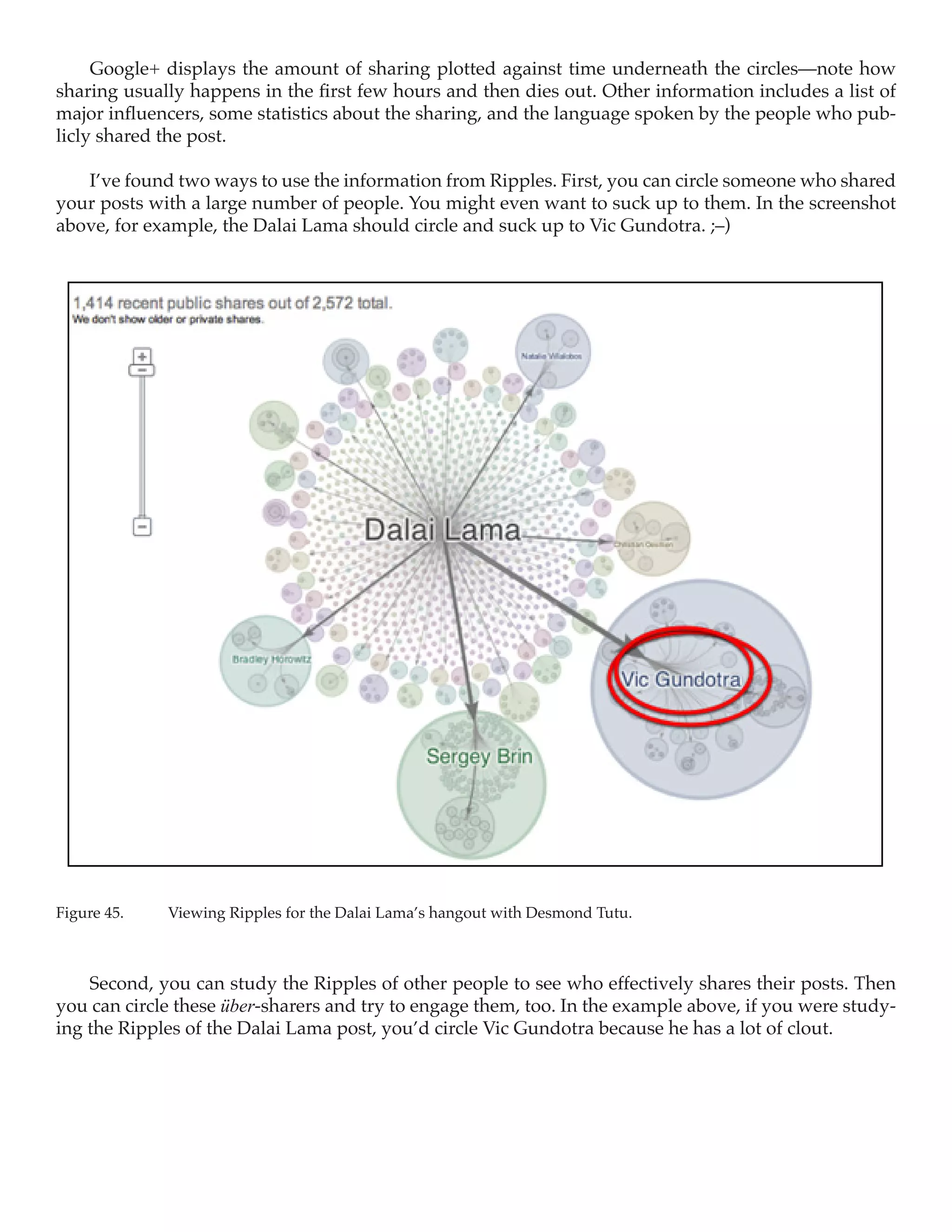 Google+ displays the amount of sharing plotted against time underneath the circles—note how
sharing usually happens in the first few hours and then dies out. Other information includes a list of
major influencers, some statistics about the sharing, and the language spoken by the people who pub-
licly shared the post.

   I’ve found two ways to use the information from Ripples. First, you can circle someone who shared
your posts with a large number of people. You might even want to suck up to them. In the screenshot
above, for example, the Dalai Lama should circle and suck up to Vic Gundotra. ;–)




Figure 45.	   Viewing Ripples for the Dalai Lama’s hangout with Desmond Tutu.



    Second, you can study the Ripples of other people to see who effectively shares their posts. Then
you can circle these über-sharers and try to engage them, too. In the example above, if you were study-
ing the Ripples of the Dalai Lama post, you’d circle Vic Gundotra because he has a lot of clout.
 