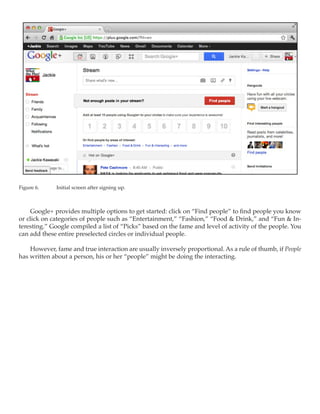 Figure 6.	   Initial screen after signing up.



    Google+ provides multiple options to get started: click on “Find people” to find people you know
or click on categories of people such as “Entertainment,” “Fashion,” “Food & Drink,” and “Fun & In-
teresting.” Google compiled a list of “Picks” based on the fame and level of activity of the people. You
can add these entire preselected circles or individual people.

    However, fame and true interaction are usually inversely proportional. As a rule of thumb, if People
has written about a person, his or her “people” might be doing the interacting.
 