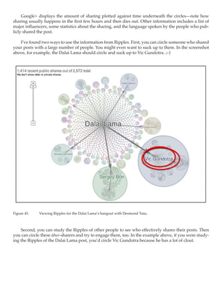 Google+ displays the amount of sharing plotted against time underneath the circles—note how
sharing usually happens in the first few hours and then dies out. Other information includes a list of
major influencers, some statistics about the sharing, and the language spoken by the people who pub-
licly shared the post.

   I’ve found two ways to use the information from Ripples. First, you can circle someone who shared
your posts with a large number of people. You might even want to suck up to them. In the screenshot
above, for example, the Dalai Lama should circle and suck up to Vic Gundotra. ;–)




Figure 45.	   Viewing Ripples for the Dalai Lama’s hangout with Desmond Tutu.



    Second, you can study the Ripples of other people to see who effectively shares their posts. Then
you can circle these über-sharers and try to engage them, too. In the example above, if you were study-
ing the Ripples of the Dalai Lama post, you’d circle Vic Gundotra because he has a lot of clout.
 