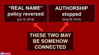 “REAL NAME” 
policy reversed 
(Jul 15, 2014) 
AUTHORSHIP 
stopped 
(Aug 29, 2014) 
THESE TWO MAY 
BE SOMEHOW 
CONNECTED 
 