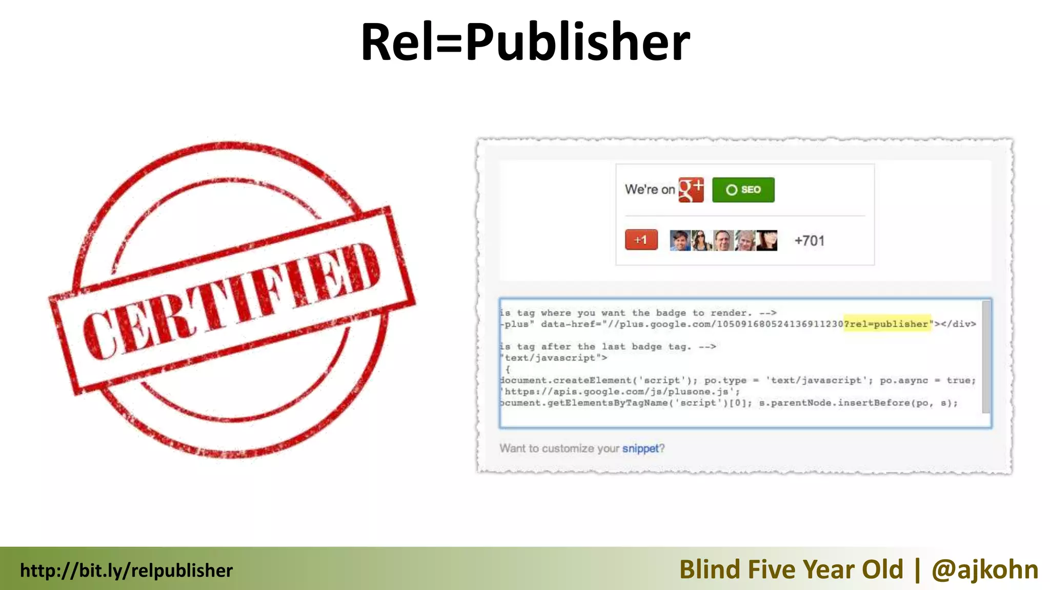 Rel=Publisher




http://bit.ly/relpublisher               Blind Five Year Old | @ajkohn
 